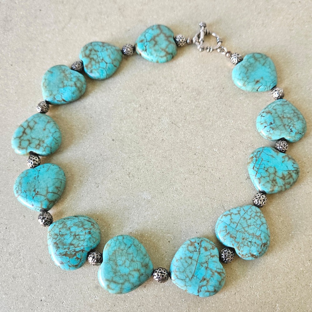 Faux‎ Turquoise Large Puffy Heart Statement Necklace Choker Silver Tone Western